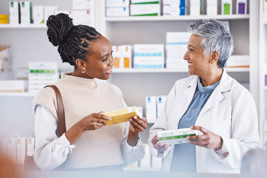 Happy doctor, consulting and patient in pharmacy for healthcare prescription, medication or advice for illness or cure. Woman medical pharmacist talking to customer about pills or drugs at the clinic