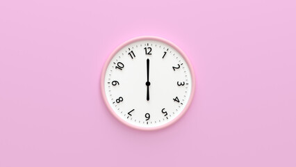 Closeup White wall clock isolated on pink background. 3d render illustration. Clock Face hanging on...