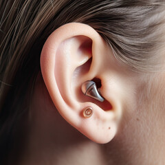AI generated Close up of human ear with hearing aid in earring. Hearing protection concept
