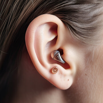 AI generated Close up of human ear with hearing aid in earring. Hearing protection concept