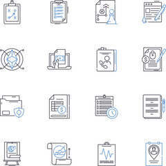Jurisprudence conglomerate line icons collection. Law, Judiciary, Equity, Rights, Justice, Jurisdiction, Legislation vector and linear illustration. Statutes,Precedent,Interpretation outline signs set