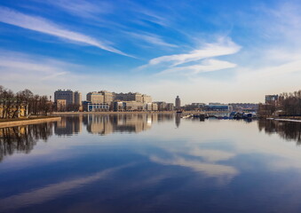 Fototapeta premium Spring landscape of St. Petersburg. Embankment of the river Bolshaya Nevka. Landmark of the city.