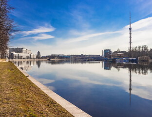 Fototapeta premium Spring landscape of St. Petersburg. Embankment of the river Bolshaya Nevka. Landmark of the city.