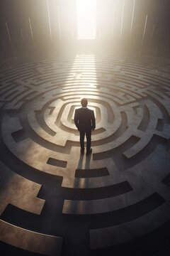 Businessman in the labyrinth, searching the solution concept. Generative art