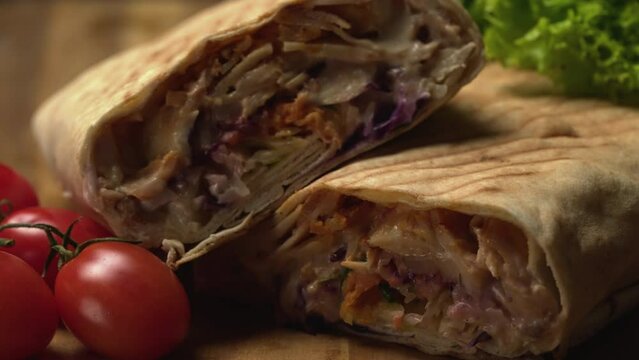 Tasty doner kebab close up on wooden background. Tortilla wrap with fried chicken meat and vegetables in macro. 4K ProRes