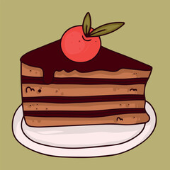 A piece of cake. Birthday cake. Chocolate-covered pastries with berries