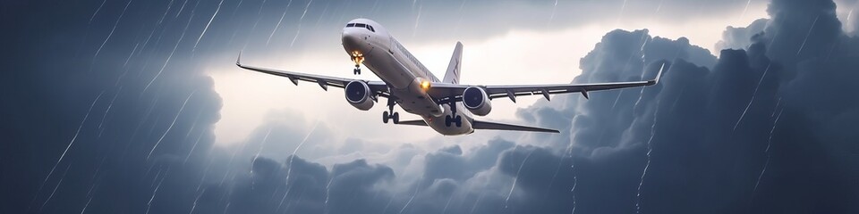 Plane in flight passing through a thunderstorm, surrounded by dark clouds and lightning strikes. Generative AI
