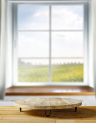 Desk of free space with pedestal and white window background with spring view.  - 594568597