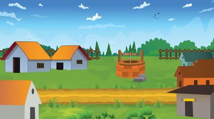 Vector illustration of a beautiful country side natural cartoon village background.