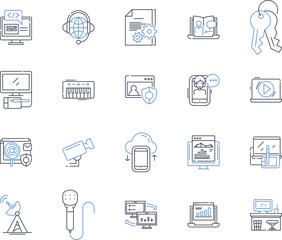 Electronic compnts industry line icons collection. Silicon, Transistor, Capacitor, Resistor, Diode, Microchip, PCB vector and linear illustration. Battery,LED,Transformer outline signs set - obrazy, fototapety, plakaty
