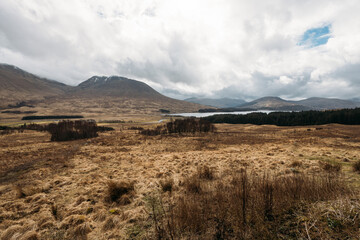 Panoramic view on the West Highland Way over valley of Glen Coe Highlands of Scotland, UK.