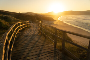 Santa Comba beach in the coast of Galicia at sunset in a sunny day. A Coruña, Spain.