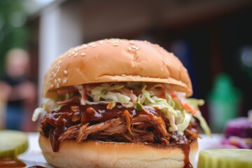 BBQ pulled pork burger, with slow-cooked pulled pork, tangy BBQ sauce, coleslaw, and pickles on a brioche bun served on the backyard of american home with group of defocused people