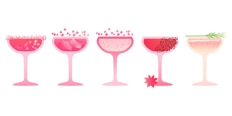 Margarita cocktail set. Alcohol drink with flowers, spices and ice cubes. Refreshing pink drink. Soft liquid for bar. Flat vector illustration with texture and gradient