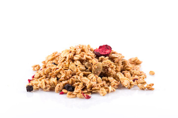 Muesli oat cereals close up background with dry fruits