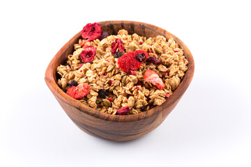Muesli oat cereals close up background with dry fruits