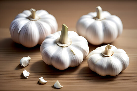 Fresh Garlic On A Wooden Table. Dark mood food photo.