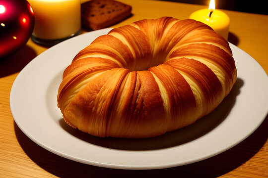 Croissant with a festive candle. Birthday mood