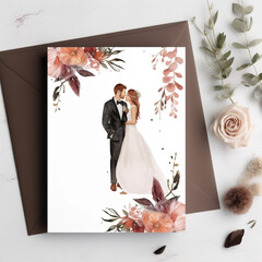 Generative Ai illustration, wedding invitation with the couple and very nice floral details.