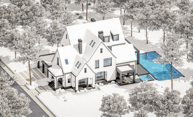 3d rendering of cute cozy white and black modern Tudor style house with parking  and pool for sale or rent with beautiful landscaping. Fairy roofs. Cool winter day with shiny white snow.