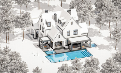 3d rendering of cute cozy white and black modern Tudor style house with parking  and pool for sale or rent with beautiful landscaping. Fairy roofs. Cool winter day with shiny white snow.