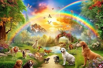 This is a pet's dream world with a beautiful Eden garden filled with heavenly sunshine, ethereal clouds, and rainbow bridges. It's like an afterlife for animals. AI-generated