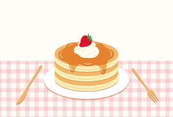 vector background with pancakes with strawberries, whipped cream and maple syrup on plate for banners, cards, flyers, social media wallpapers, etc.