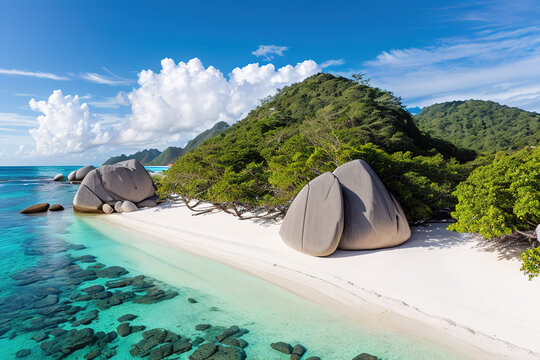 Paradise beach of a tropical island, palm trees, white sand, azure water. Famous stone beach in the Seychelles. Generative AI.