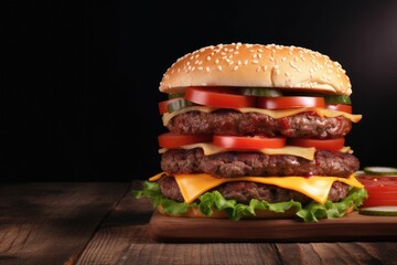 Three cutlet burger filled with beef and cheese on a dark background photo, studio shot with copy space