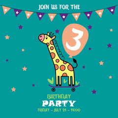 cute baby boy giraffe on a skateboard, birthday invitation, 3 years, join us for the birthday party, baby shower