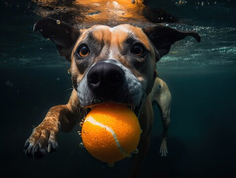 Dog Underwater Catching Tennis Ball