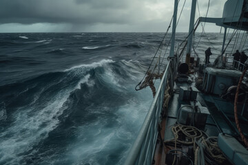 Obraz premium Ship during strong Hurricane , A lot of splashes. View from bridge. Sea water clinging to the deck as cameras strain for a glimpse of the abyss below. High waves hit ship. Generative Ai