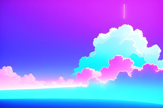 Modern minimal futuristic concept with pink neon lights and fluffy cloud on purple background.