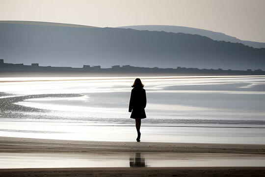 Silhouette Person Walking At Beach