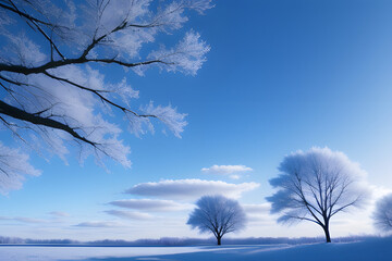 Nature background , blue sky , clouds , trees , branches , winter .