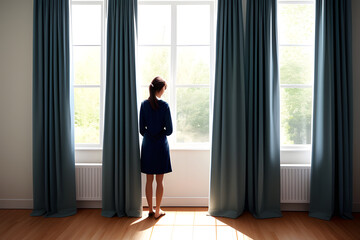 Rear View Full Length Of Woman Standing By Window At Home