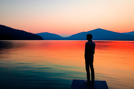 Man Standing By Lake Against Sky During Sunset