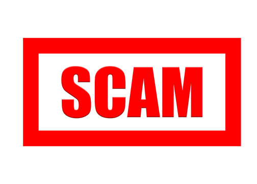 Red stamp design reading scam for identifying fraudulent activity and suspicious communication in a clear horizontal layout.