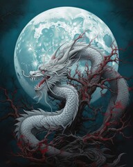 A white dragon with a crescent moon in the sky Generative Ai