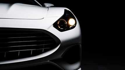 Close up white luxury car on black background with copy space