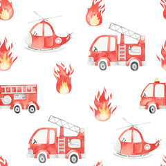 Seamless pattern with red fire trucks, helicopters and fire on a white background. Watercolor hand-drawn illustration of a cute cars. Kids texture for fabric, wrapping, textile, wallpaper, apparel.