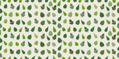 Seamless Texture of Many Shades of Green Leaves of Various Shapes - Pattern Background Design, Seasonal Wallpaper Template for Web in Editable Vector Format