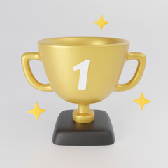 3D Golden champion Trophy cup. First rank winner award. 3d illustration.