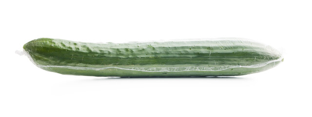 Fresh green cucumber wrapped in plastic wrap isolated on white background.