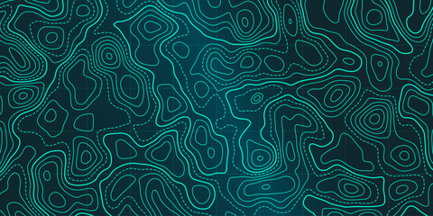 Ocean topographic line map with curvy wave isolines vector illustration. Sea depth topographic landscape surface for nautical radar readings. Cartography texture abstract banner of relief ocean floor. - obrazy, fototapety, plakaty