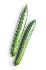Fresh green cucumbers wrapped in plastic wrap isolated on white background.