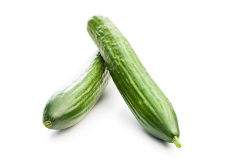 Fresh green cucumbers isolated on white background.