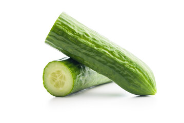 Sliced fresh green cucumber isolated on white background.