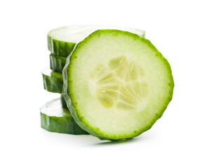 Sliced fresh green cucumber isolated on white background.