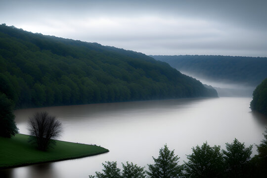 Foggy scene on the Monongahela River, Charleroi, Pennsylvania